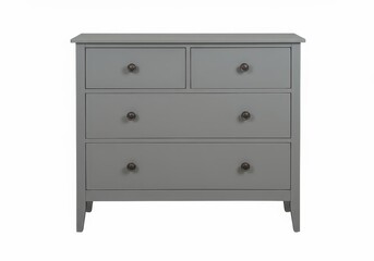 Front view of a gray chest of drawers with four drawers and round knobs on a white background