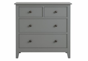A gray chest of drawers with four drawers and round knobs on a white background in a studio shot