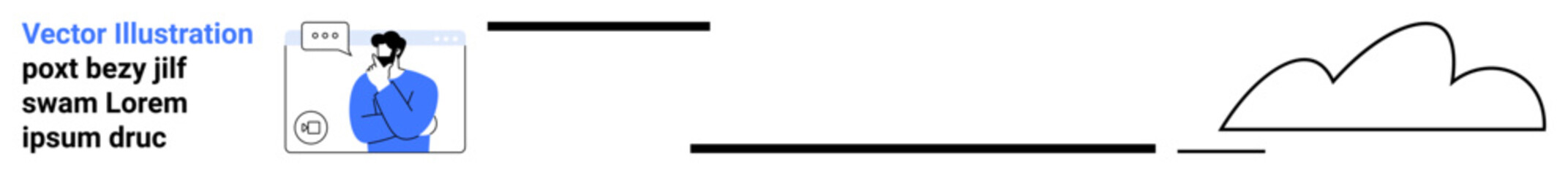 Man in blue shirt with speech bubble connected to a cloud outline. Ideal for communication, technology, messaging, social media, remote work, cloud storage, simple landing page