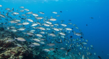 Fototapeta premium School of Fish Swimming Near Coral Reef in Clear Blue Ocean