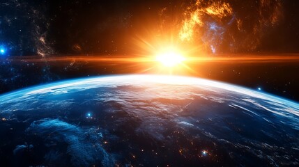 Obraz premium Stunning earth sunrise space view dramatic orange blue planet sky day dark stars night light power