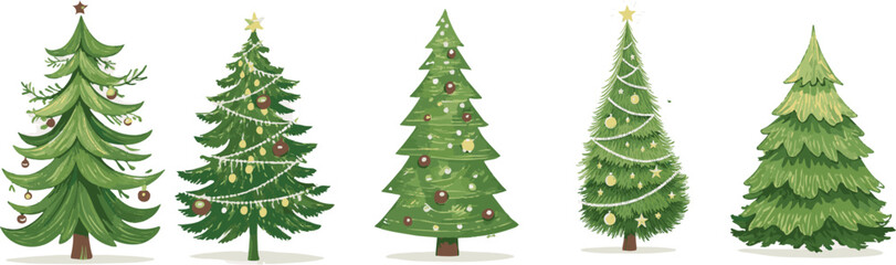 Hand-Drawn Christmas Trees Collection - Festive Cartoon Style Holiday Decor Vector Illustration