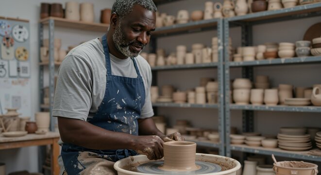 An older Black man with a grey beard is focused on shaping clay on a spinning pottery wheel in his studio, surrounded by shelves filled with finished ceramic pieces.