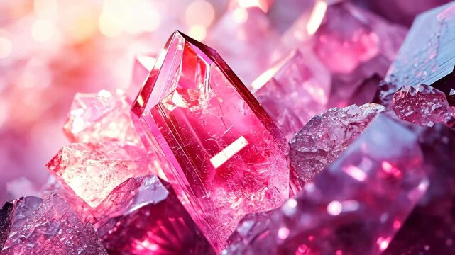 Sparkling pink crystals cluster, vibrant hues, close-up view