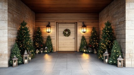 Fototapeta premium Rustic home entrance decorated with Christmas trees, lanterns, and a festive wreath on the wooden door, creating a warm holiday atmosphere outside.
