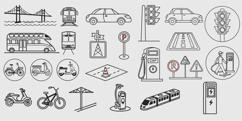 Transportation, vehicle icon set. Vector glyph pictograms of travel, logistics, public transit concepts, car, train, bus, bicycle, boat, and airplane black silhouette illustration.