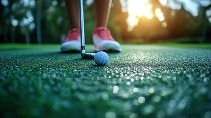 Close-up of golf ball, club, and feet on green