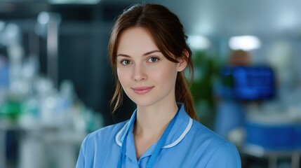 Obraz premium Compassionate nurse in uniform, warm expression. Dedication and care in healthcare. 
