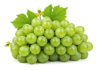 A bunch of green grapes with leaves arranged in a pyramid shape on a white background studio shot