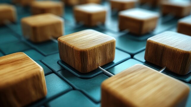 Close-up of interconnected wooden cubes on a teal grid