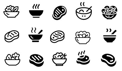 Salad Soup and Steak Icon Set. editable