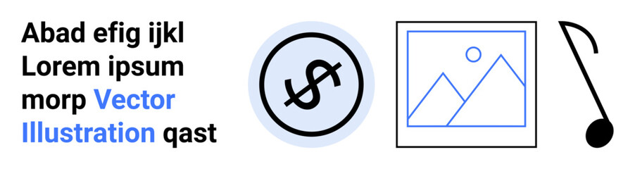 Dollar sign in circle, abstract image of picture frame, music note, and editable text. Ideal for finance, photography, art, music, marketing design and simple landing page