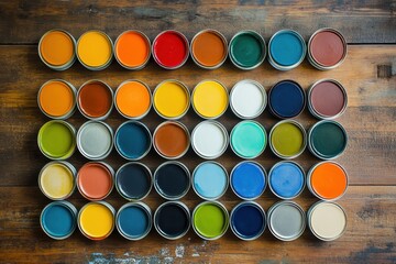Home Color. Art Collection of Bright Buckets with Paint and Color Palette on Wooden Background