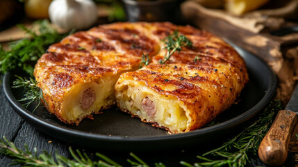 A portion of crispy potato sausage Kiszka Ziemniaczana served golden brown.