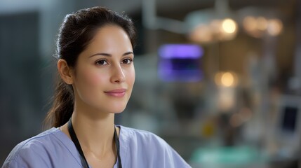 Compassionate nurse in uniform, warm expression. Dedication and care in healthcare.
