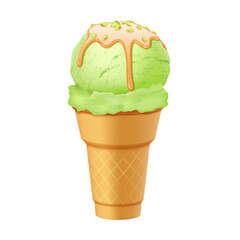 Illustration of green ice cream cone topped with orange drizzle and nuts. Bright colors create an appetizing look. Ideal for dessert menus or summer promotions. White background enhances focus.