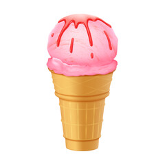 Realistic illustration of strawberry ice cream cone with red syrup on white background. Sweet and delicious visual. Perfect for summerthemed designs or dessert menus. Bright and appetizing.