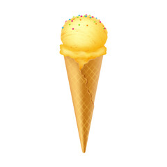 Illustration of yellow ice cream cone with colorful sprinkles isolated on white background. Perfect for summer themes and dessert promotions. Bright and cheerful.