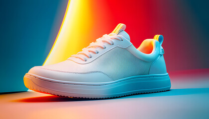 Trendy white sneakers with vibrant accents on a colorful lighting background. Perfect for sports, fashion, and shoe promotions.
