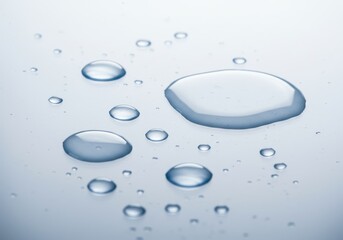 A close up of water droplets of varying sizes scattered across a light blue surface in soft focus