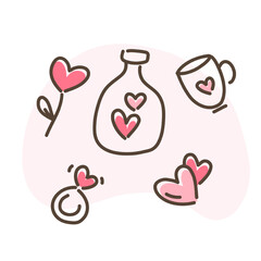 Pink Love Themed Cups, Leaves and Hearts in Cute Minimal Flat Style Illustration