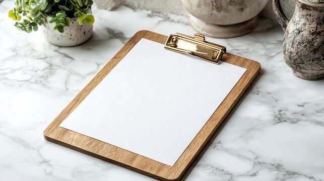 Blank clipboard on marble surface with decorative accents