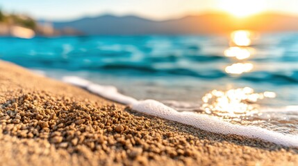 Golden sand and gentle waves meet at the shoreline during a vibrant sunset over a calm sea.