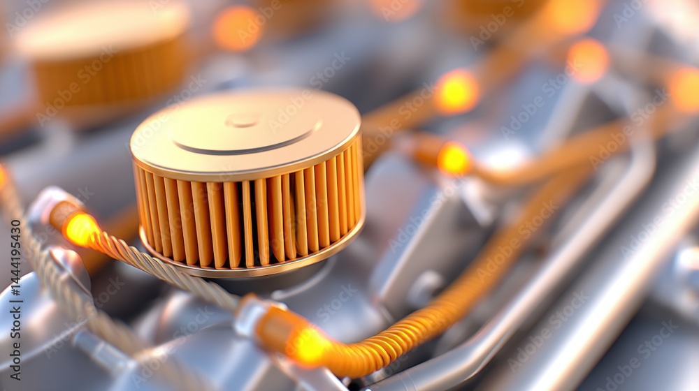 Poster close-up of a mechanical engine component with orange wires and illuminated connections, showcasing 