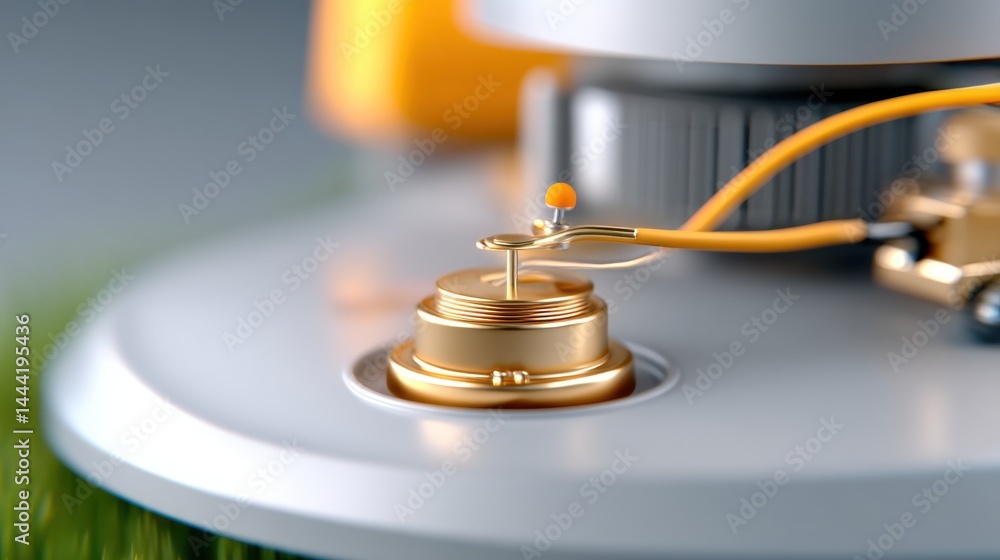 Poster close-up of a modern, metallic component with wires, likely part of advanced machinery or technology