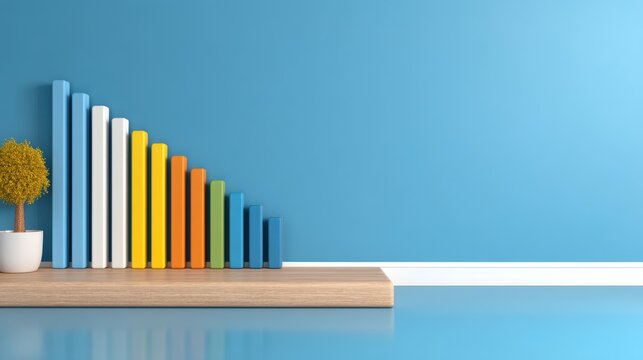 A row of colorful books arranged by height on a wooden shelf with a small potted plant against a blue wall.