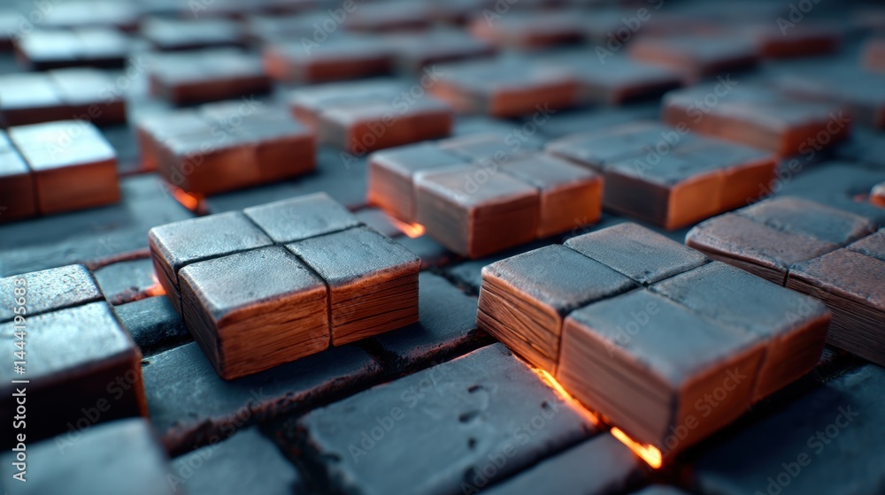Poster futuristic wooden tiles with glowing edges arranged in a grid pattern, creating a modern, geometric 
