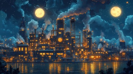 Fototapeta premium Night factory city by water