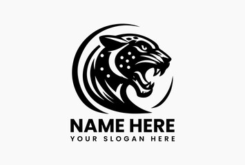 Bold black jaguar head silhouette with sharp contours, fierce vector logo for sports teams and outdoor brands © Popvectordesign