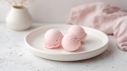Three pastel pink ice cream scoops elegantly arranged on a minimalist white plate, captured with soft diffused lighting from above.
