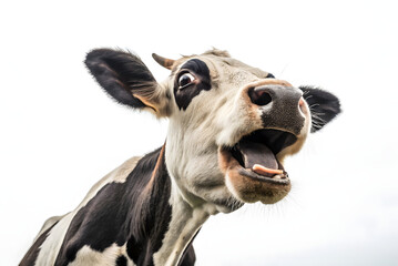Surprised cow with goofy face isolated on white background. Close up portrait of funny animal