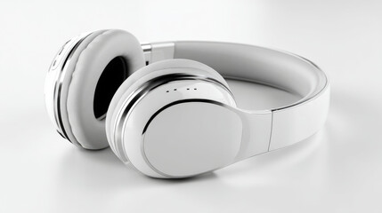 White over-ear headphones angled on a white background. Soft, rounded earcups and headband.  Sleek design