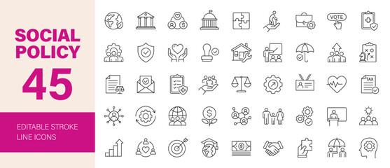 Social Policy icon set. Containing welfare, government, society, service, education, reform, health care, legislation, medicine, law and more. Editable line icons. Vector illustration.