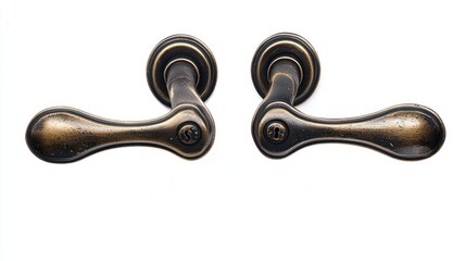 Double-door bronze handle set with matching keyholes, on white