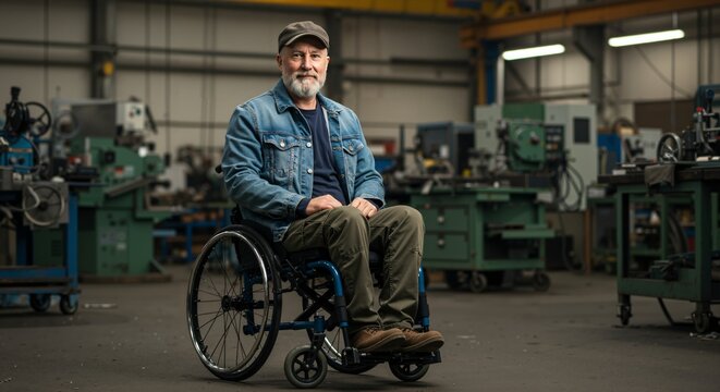 Portrait of a smiling older man with a beard and cap, sitting in a wheelchair in a busy workshop environment filled with industrial machinery. - Powered by Adobe