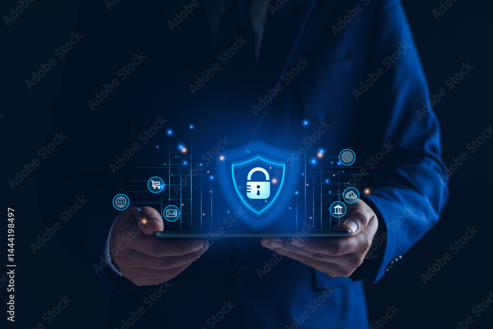 Poster network security system, personal data information on tablet, information and cyber security technol