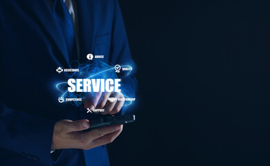 Business service online technology, Businessman touching digital globe hologram, Quality relationship, customer service advice and support, Technology AI assistance
