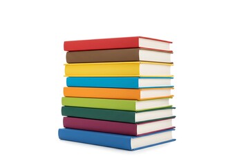 A stack of colorful books on a white background, with different colors and white pages visible clearly