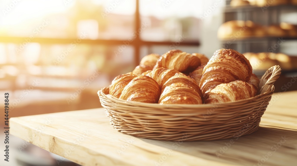 Poster a wicker basket overflowing with fresh golden-brown croissants resting on a rustic wooden table illu