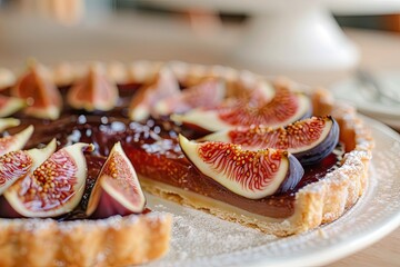 Fig and Honey Tart Close-up Shot right view served on a white plate background of kitchen