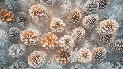 Obraz premium Frosted pine cones arranged in a decorative pattern.