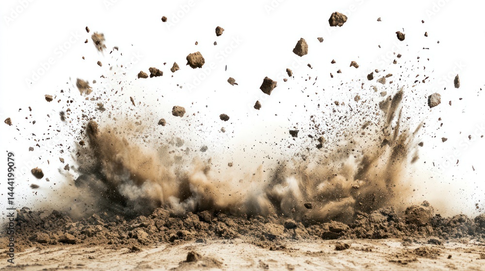 Poster dusty brown soil explosion with chunks of dirt and debris floating on white background