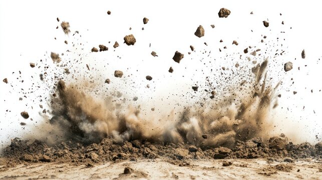 Dusty brown soil explosion with chunks of dirt and debris floating on white background