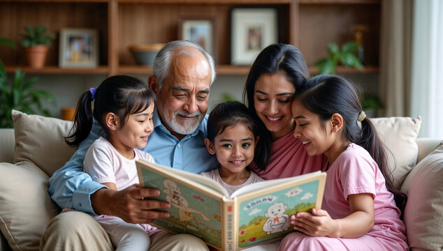 Happy Indian grandparents spending quality time with grandchildren reading book together on sofa showing love family bonding and educational moments