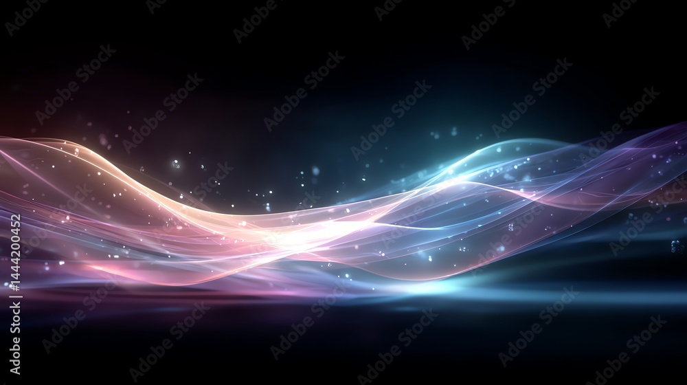Poster abstract light waves background with sparkles and gradient colors on black