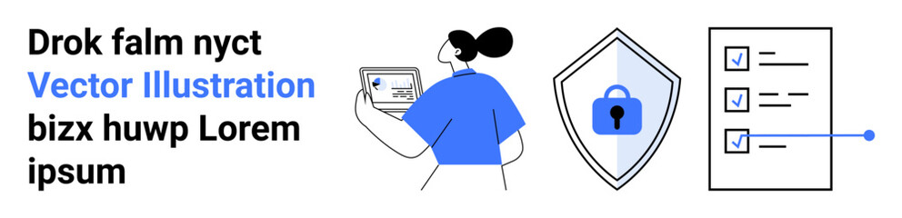 Woman holding tablet, shield with lock symbolizing protection, checklist with marked items. Ideal for cybersecurity, technology, privacy, business, data management, compliance flat landing page